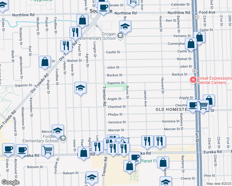 map of restaurants, bars, coffee shops, grocery stores, and more near 13699 Commonwealth Street in Southgate