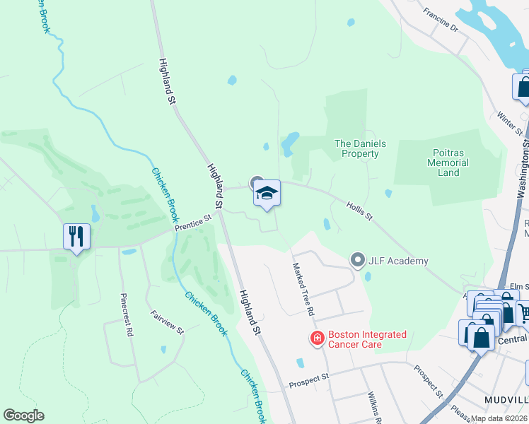 map of restaurants, bars, coffee shops, grocery stores, and more near 370 Hollis Street in Holliston
