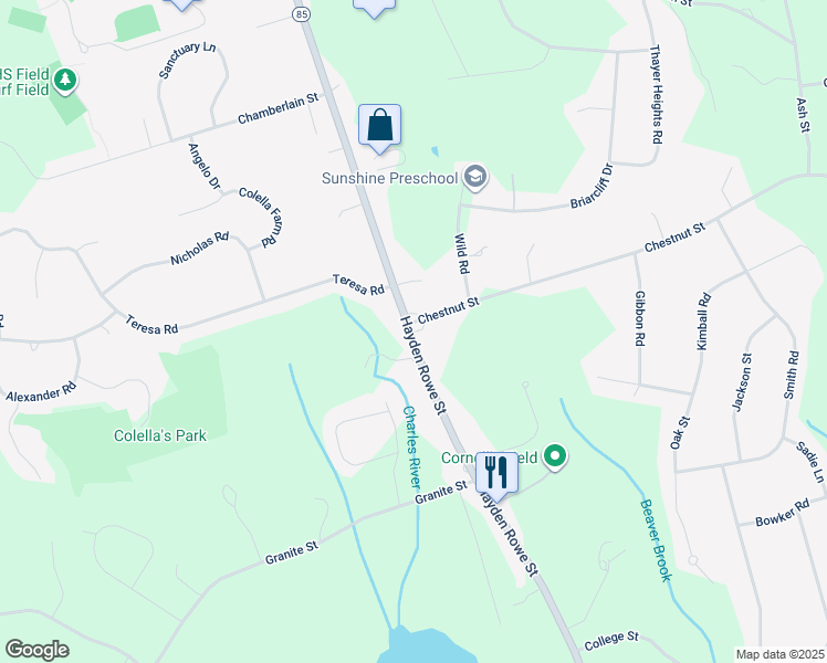 map of restaurants, bars, coffee shops, grocery stores, and more near 185 Massachusetts 85 in Hopkinton