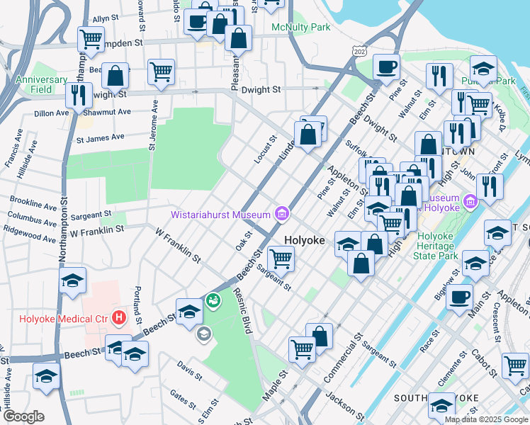 map of restaurants, bars, coffee shops, grocery stores, and more near 246 Oak Street in Holyoke
