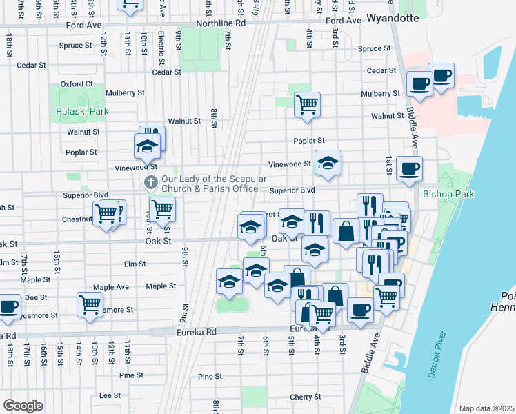 map of restaurants, bars, coffee shops, grocery stores, and more near 614 Chestnut Street in Wyandotte