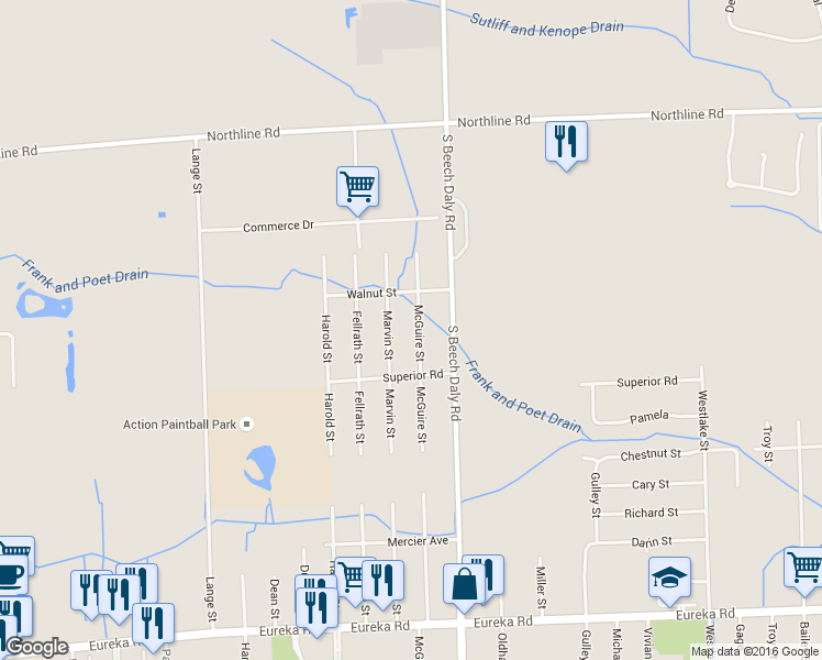 map of restaurants, bars, coffee shops, grocery stores, and more near 13688 McGuire Street in Taylor