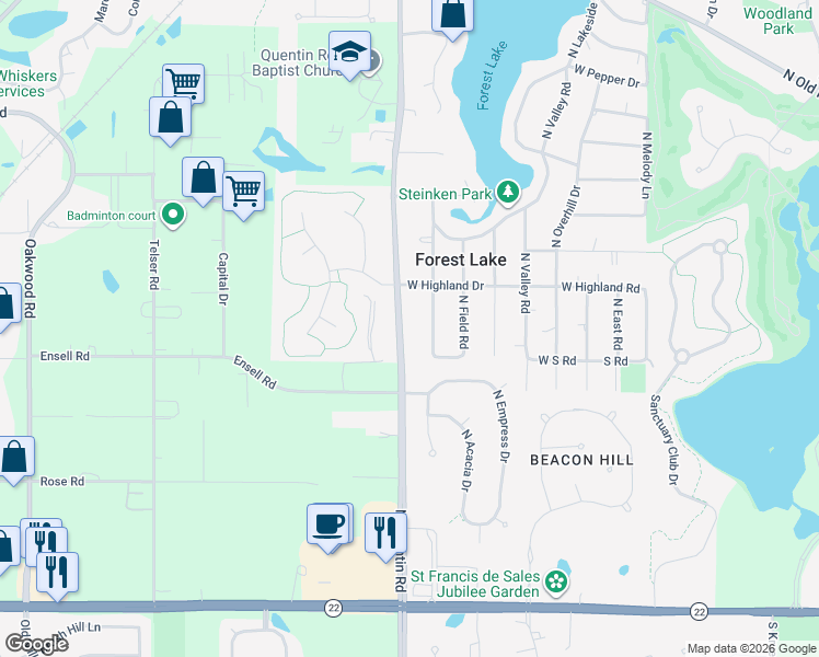 map of restaurants, bars, coffee shops, grocery stores, and more near 23565 North Quentin Road in Lake Zurich