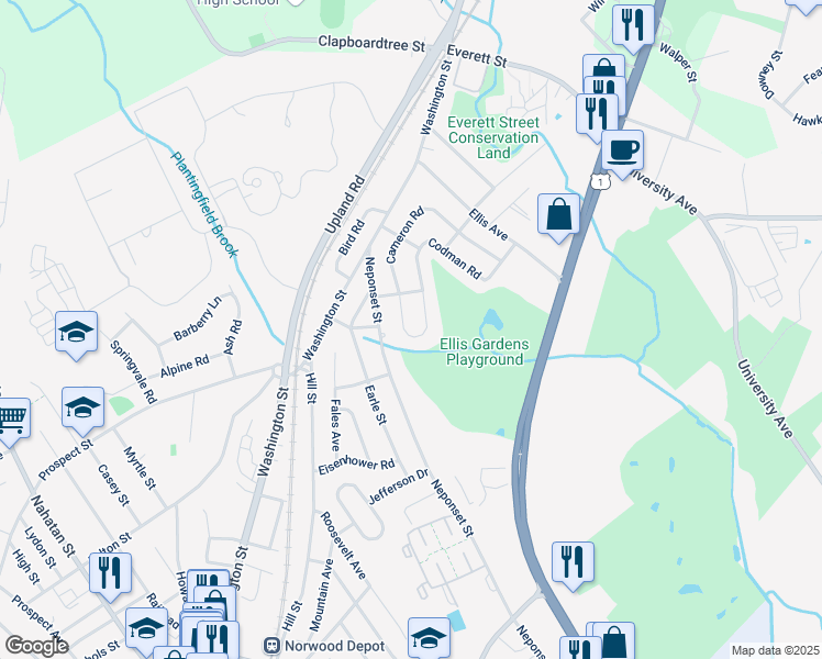 map of restaurants, bars, coffee shops, grocery stores, and more near 201 Codman Road in Norwood