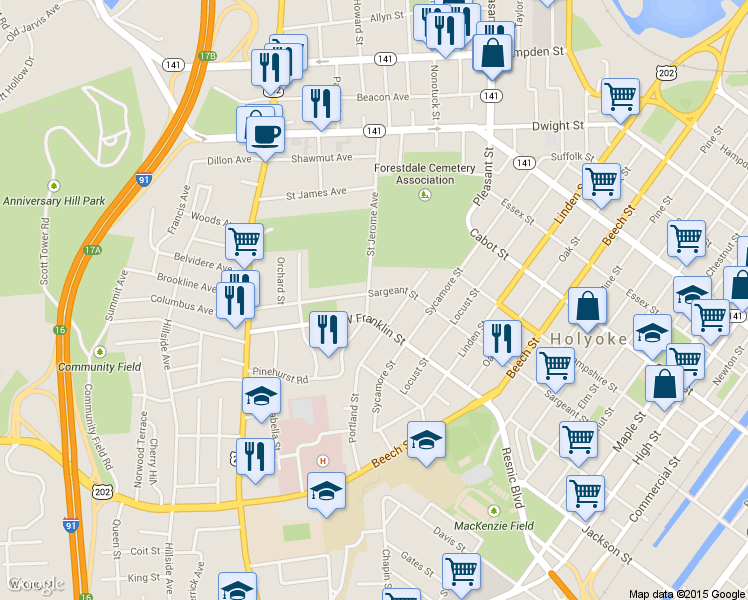 map of restaurants, bars, coffee shops, grocery stores, and more near 250 Sargeant St in Holyoke
