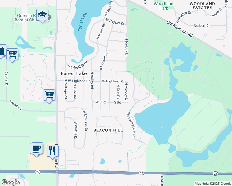 map of restaurants, bars, coffee shops, grocery stores, and more near 23568 North East Road in Lake Zurich