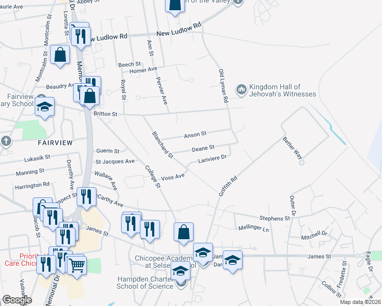 map of restaurants, bars, coffee shops, grocery stores, and more near 49 Deane Street in Chicopee