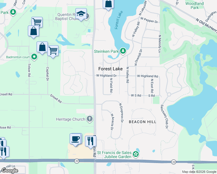 map of restaurants, bars, coffee shops, grocery stores, and more near 23564 North Field Road in Lake Zurich