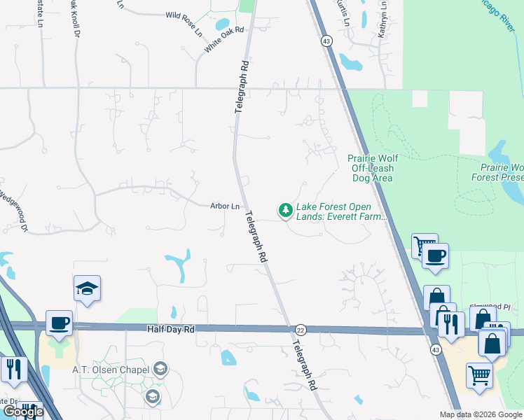 map of restaurants, bars, coffee shops, grocery stores, and more near 1901 Telegraph Road in Lake Forest
