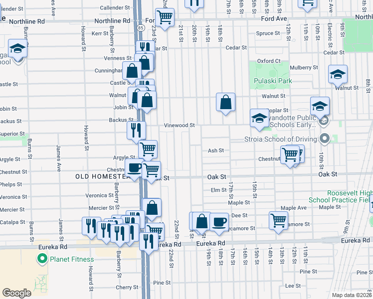 map of restaurants, bars, coffee shops, grocery stores, and more near 2716 21st Street in Wyandotte