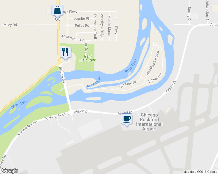 map of restaurants, bars, coffee shops, grocery stores, and more near 2X West Shore Drive in Rockford