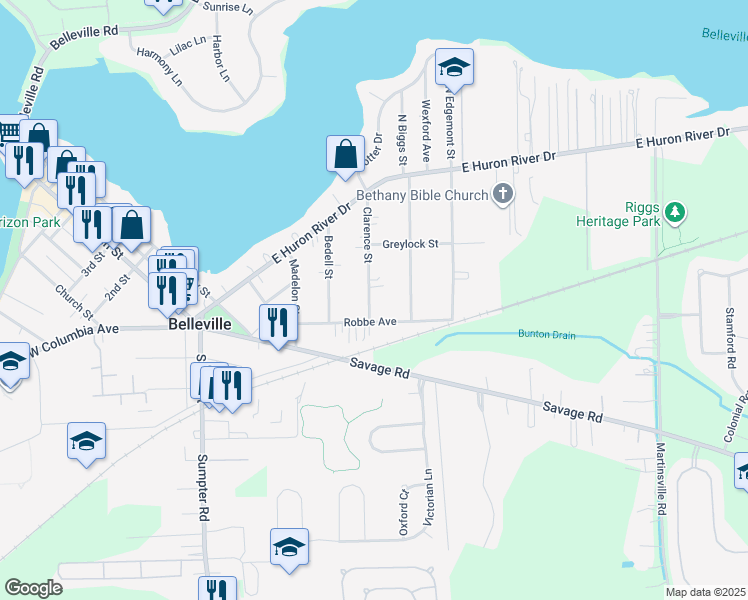 map of restaurants, bars, coffee shops, grocery stores, and more near 171 Clarence Street in Belleville