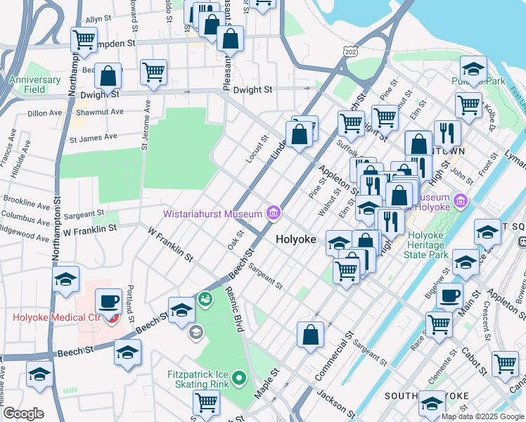 map of restaurants, bars, coffee shops, grocery stores, and more near 246 Oak St in Holyoke