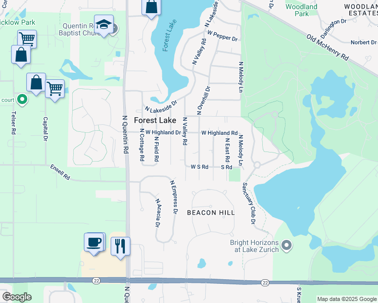 map of restaurants, bars, coffee shops, grocery stores, and more near 23545 North Valley Road in Lake Zurich