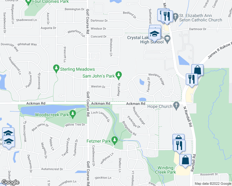 map of restaurants, bars, coffee shops, grocery stores, and more near 707 Regent Drive in Crystal Lake