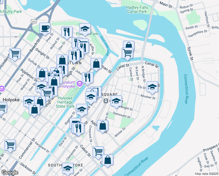 map of restaurants, bars, coffee shops, grocery stores, and more near 1218 Main St in Holyoke