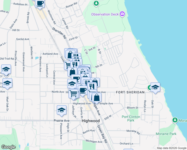 map of restaurants, bars, coffee shops, grocery stores, and more near 15 Clay Avenue in Highwood