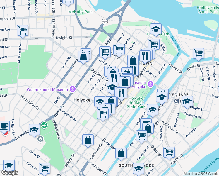 map of restaurants, bars, coffee shops, grocery stores, and more near 187 Chestnut Street in Holyoke