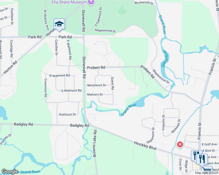 map of restaurants, bars, coffee shops, grocery stores, and more near 1731 Metzmont Drive in Jackson