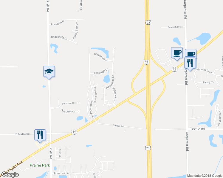 map of restaurants, bars, coffee shops, grocery stores, and more near 5688 Wellesley Lane in Ypsilanti
