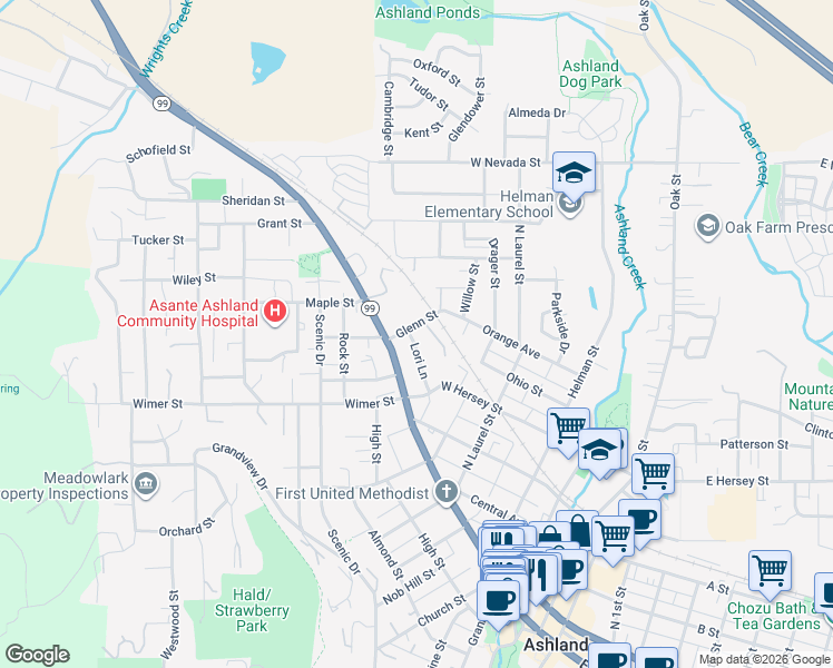 map of restaurants, bars, coffee shops, grocery stores, and more near 484 Lori Lane in Ashland