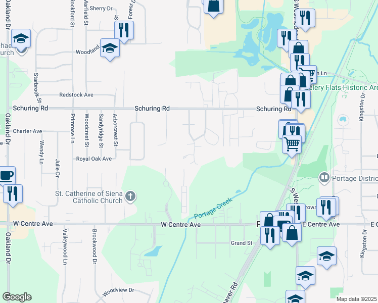 map of restaurants, bars, coffee shops, grocery stores, and more near 7690 Timbercreek Court in Portage