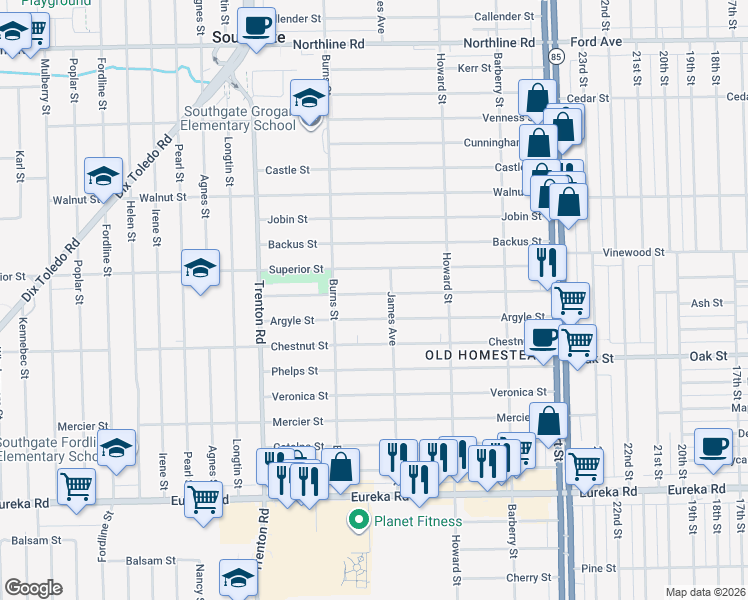 map of restaurants, bars, coffee shops, grocery stores, and more near 13461 Commonwealth Street in Southgate