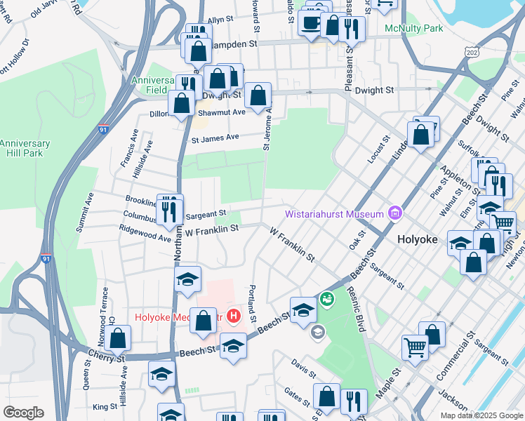 map of restaurants, bars, coffee shops, grocery stores, and more near 113 Saint Jerome Avenue in Holyoke
