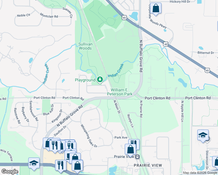 map of restaurants, bars, coffee shops, grocery stores, and more near 1139 Creek View Drive in Vernon Hills