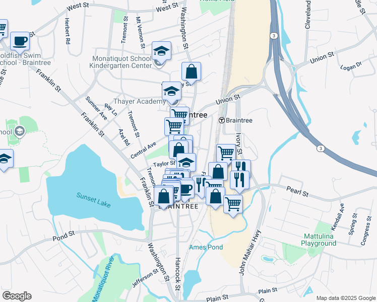 map of restaurants, bars, coffee shops, grocery stores, and more near 798 Washington Street in Braintree