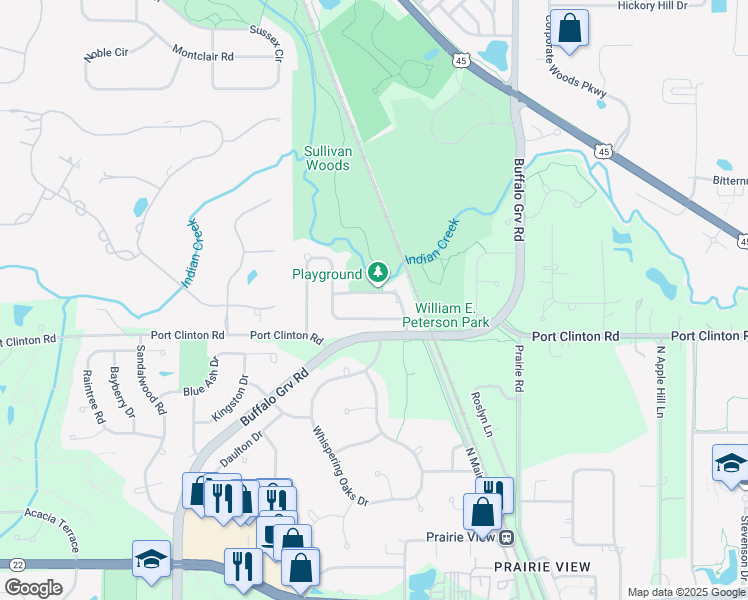 map of restaurants, bars, coffee shops, grocery stores, and more near 1072 Creek View Drive in Vernon Hills