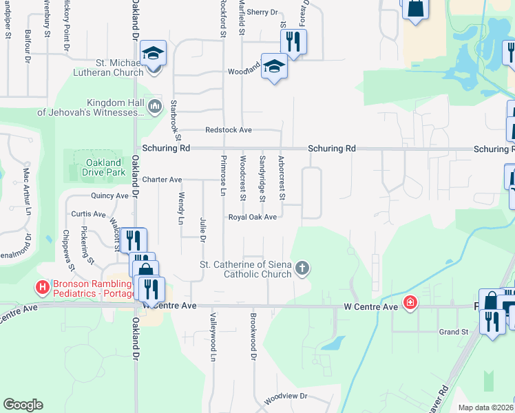 map of restaurants, bars, coffee shops, grocery stores, and more near 7650 Sandyridge Street in Portage