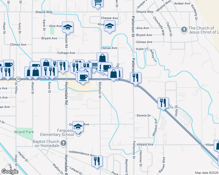 map of restaurants, bars, coffee shops, grocery stores, and more near 2345 Nile Street in Klamath Falls