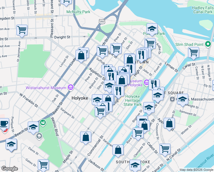 map of restaurants, bars, coffee shops, grocery stores, and more near 187 Chestnut Street in Holyoke