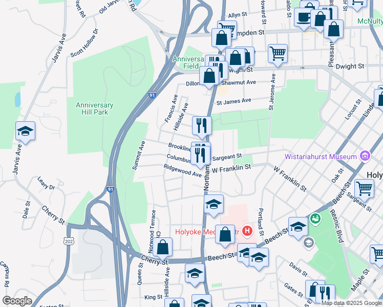 map of restaurants, bars, coffee shops, grocery stores, and more near 10 Brookline Avenue in Holyoke