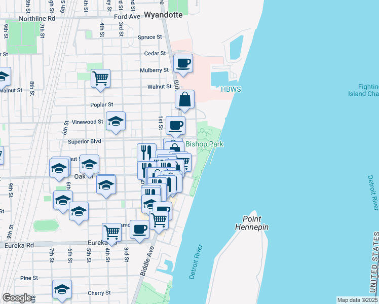 map of restaurants, bars, coffee shops, grocery stores, and more near 2803 Biddle Avenue in Wyandotte