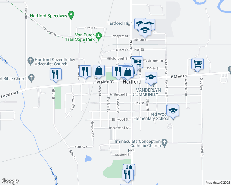 map of restaurants, bars, coffee shops, grocery stores, and more near 109 West Shepard Street in Hartford