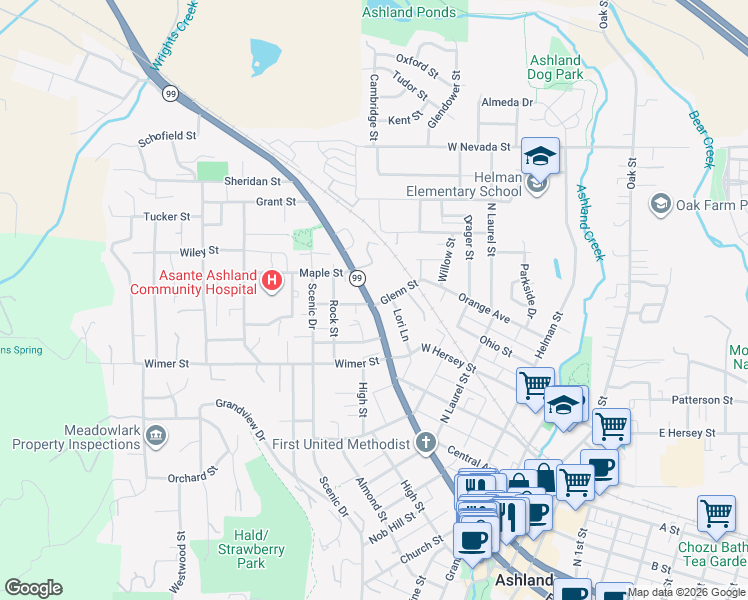 map of restaurants, bars, coffee shops, grocery stores, and more near 521 North Main Street in Ashland