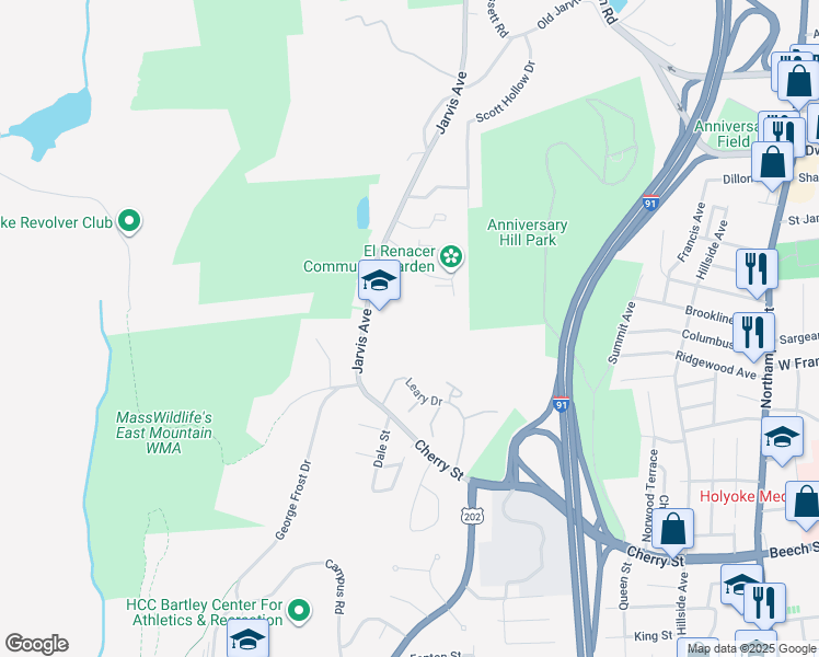 map of restaurants, bars, coffee shops, grocery stores, and more near 401 Jarvis Avenue in Holyoke