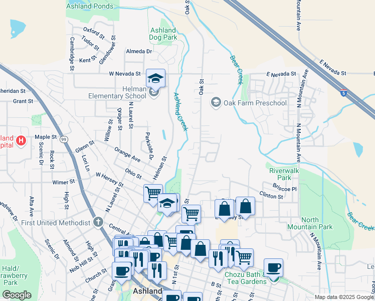 map of restaurants, bars, coffee shops, grocery stores, and more near 779 Oak St in Ashland