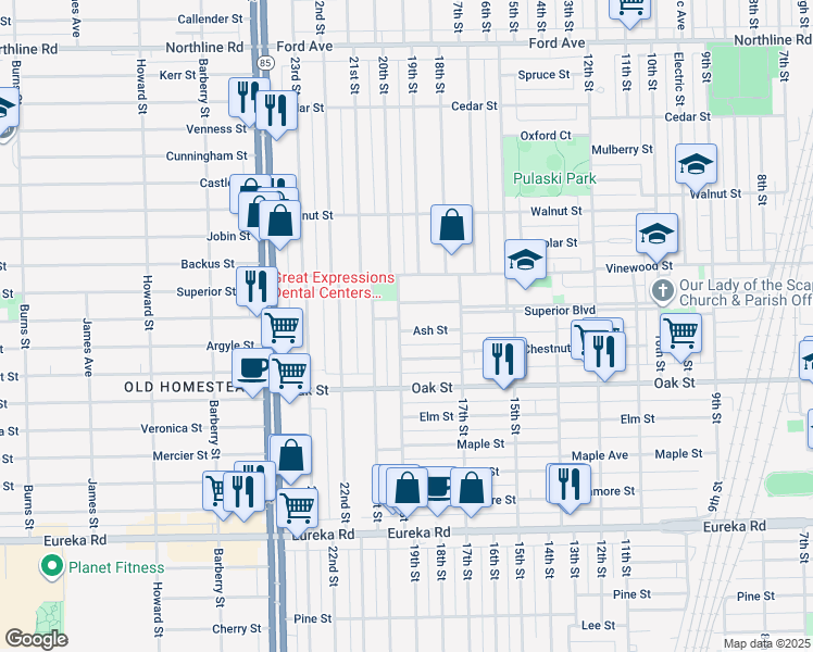 map of restaurants, bars, coffee shops, grocery stores, and more near 1810 Ash Street in Wyandotte