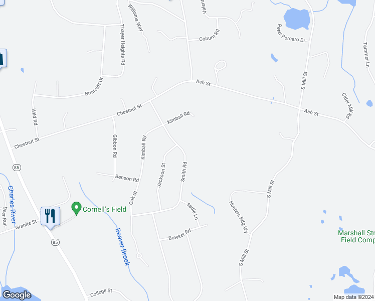 map of restaurants, bars, coffee shops, grocery stores, and more near 13 Smith Road in Hopkinton