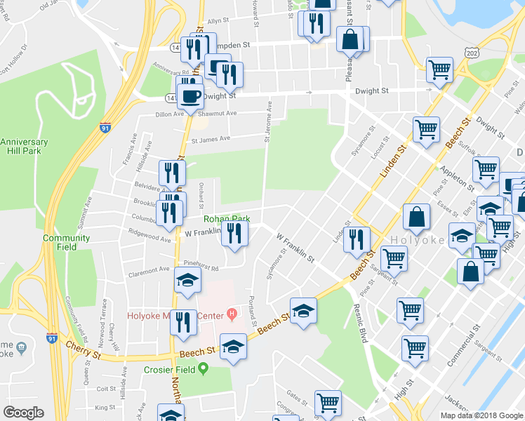 map of restaurants, bars, coffee shops, grocery stores, and more near 109 Saint Jerome Avenue in Holyoke