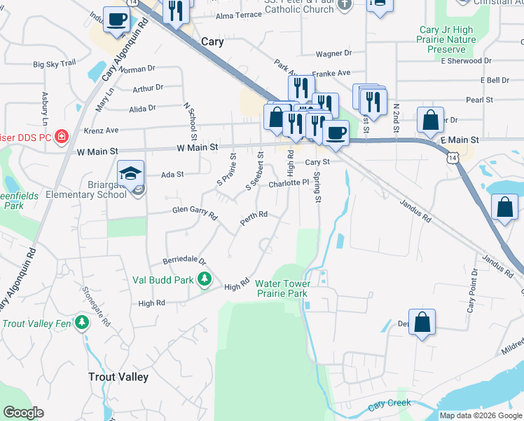 map of restaurants, bars, coffee shops, grocery stores, and more near 92 Perth Road in Cary