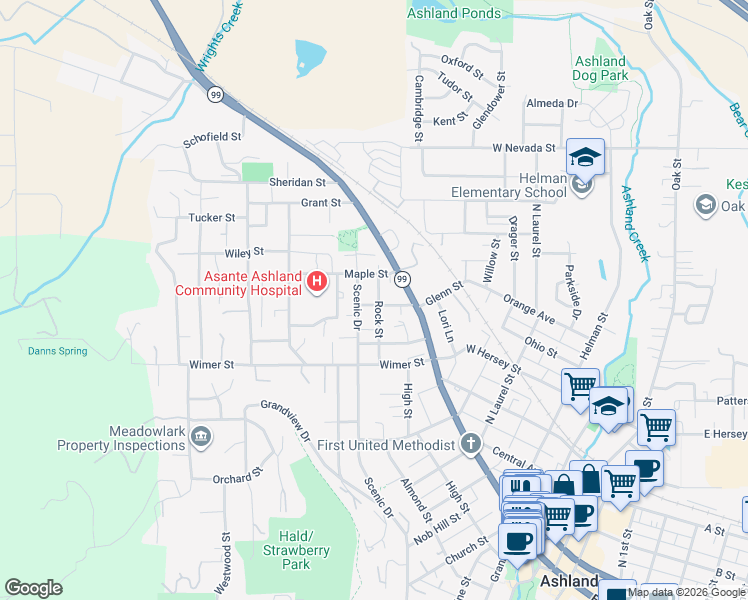 map of restaurants, bars, coffee shops, grocery stores, and more near 135 Coolidge Street in Ashland