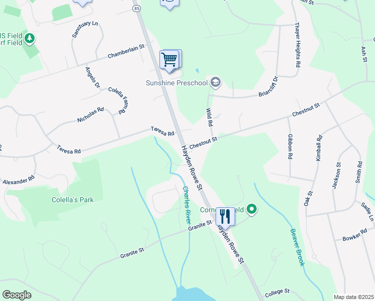 map of restaurants, bars, coffee shops, grocery stores, and more near 185 Massachusetts 85 in Hopkinton