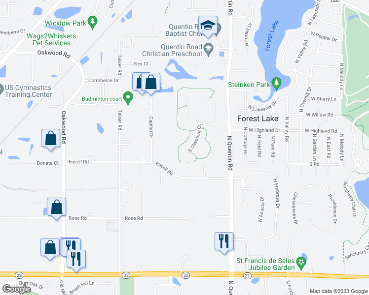 map of restaurants, bars, coffee shops, grocery stores, and more near 23 South Chestnut Court in Hawthorn Woods