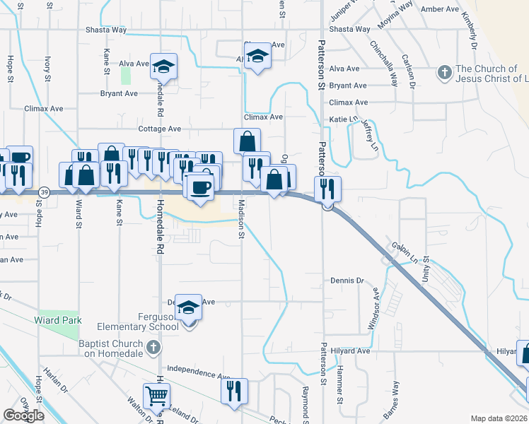 map of restaurants, bars, coffee shops, grocery stores, and more near 2345 Nile Street in Klamath Falls
