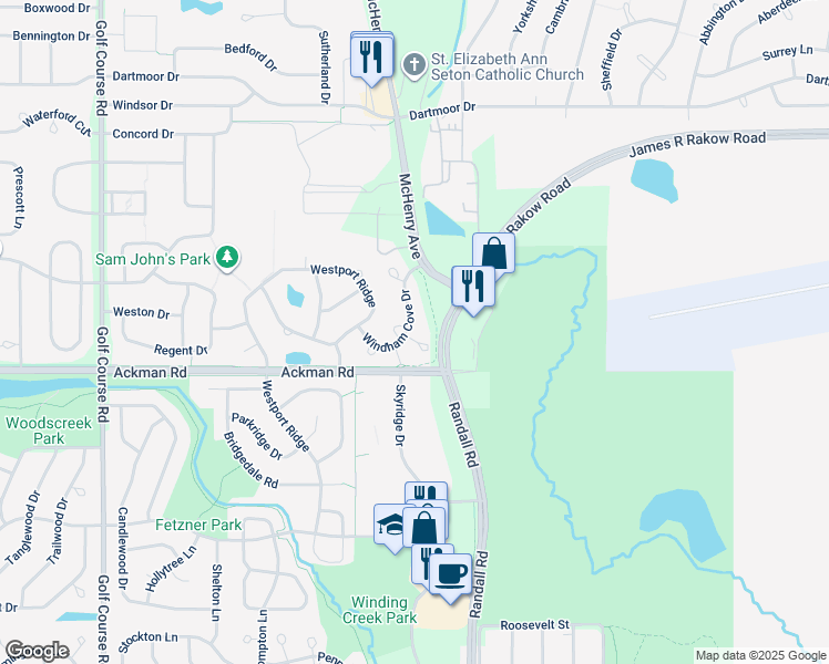 map of restaurants, bars, coffee shops, grocery stores, and more near 461 Windham Cove Drive in Crystal Lake