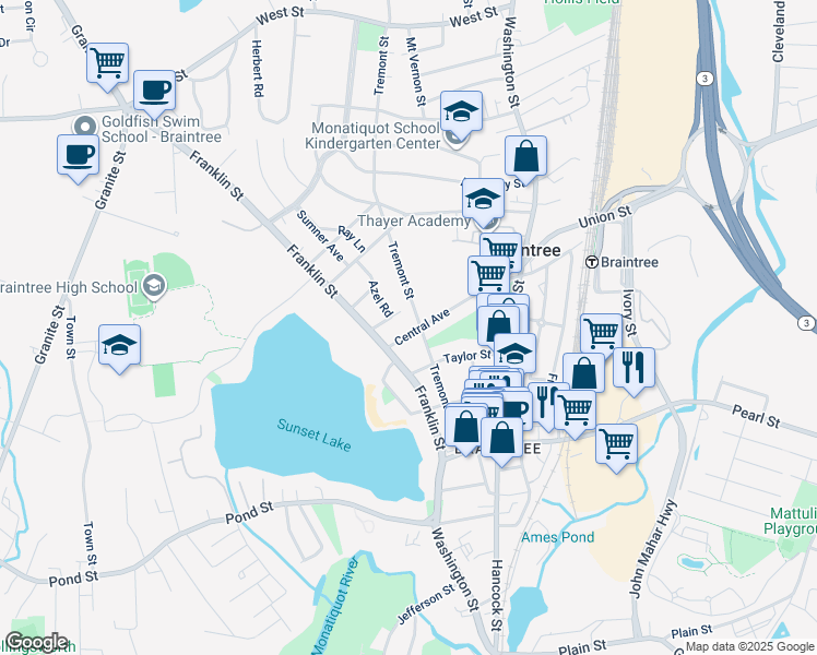 map of restaurants, bars, coffee shops, grocery stores, and more near 105 Central Ave in Braintree